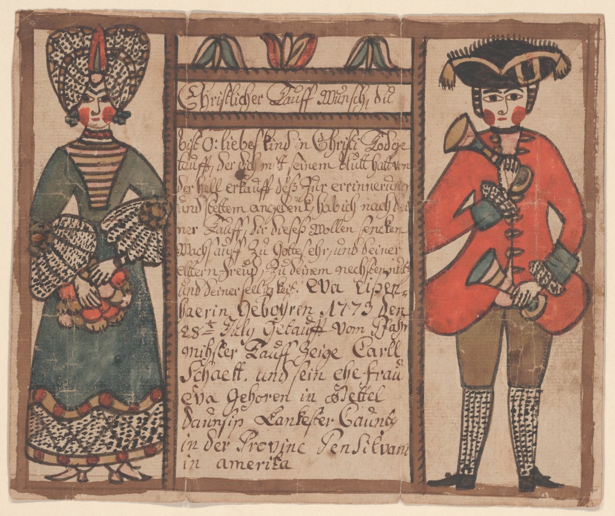 Certificat de naissance et de baptême pour Eva Eissenhaer, vers 1773 - Sussel Washington Artist