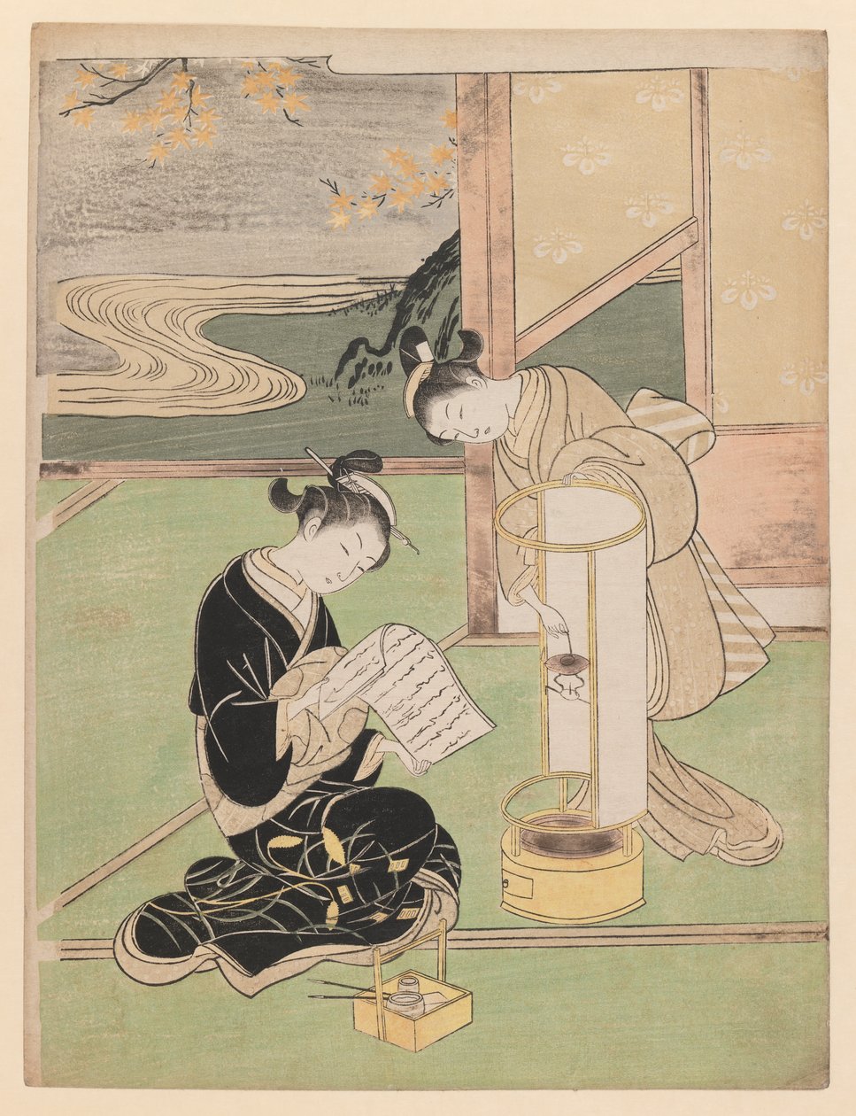 Lueur du soir dans la veilleuse recouverte de papier, de la série Huit vues du salon, 1766 - Suzuki Harunobu