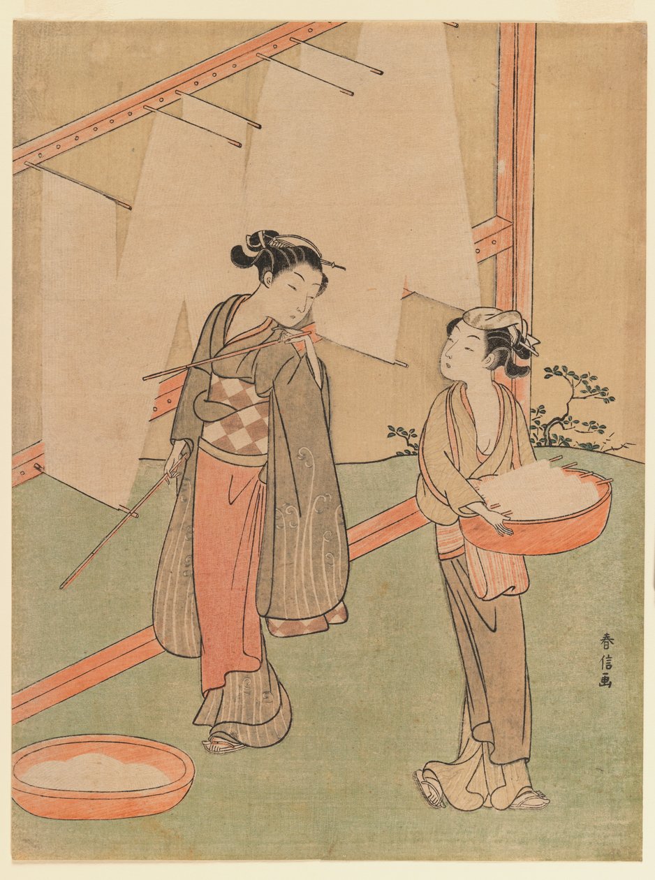 Jeune fille et servante séchant des nouilles fines japonaises, vers 1766 - Suzuki Harunobu