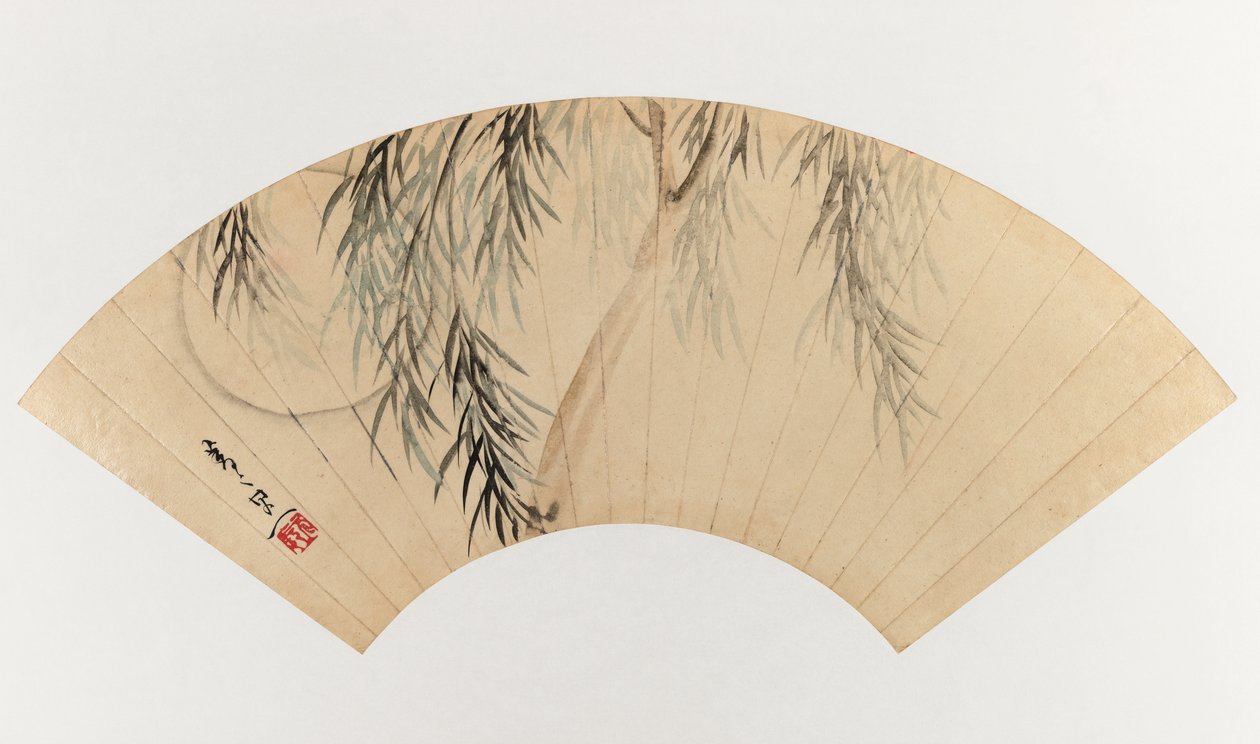 Saule et Lune (Peinture sur Éventail) - Suzuki Kiitsu