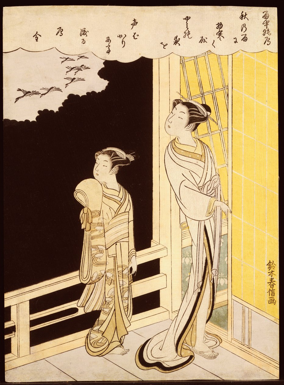 Une courtisane et son kamuro sur une véranda regardant des oies volantes sous la pluie - Suzuki Harunobu