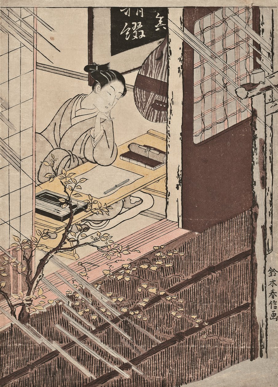 Une femme assise à un bureau regardant la pluie - Suzuki Harunobu