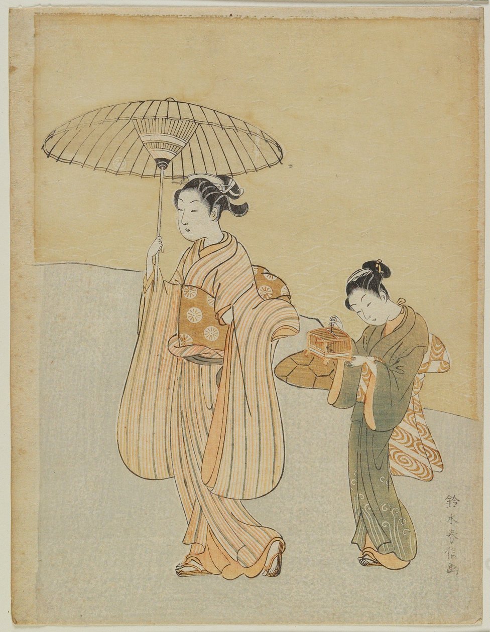 Beauté avec une suivante portant une cage à insectes - Suzuki Harunobu