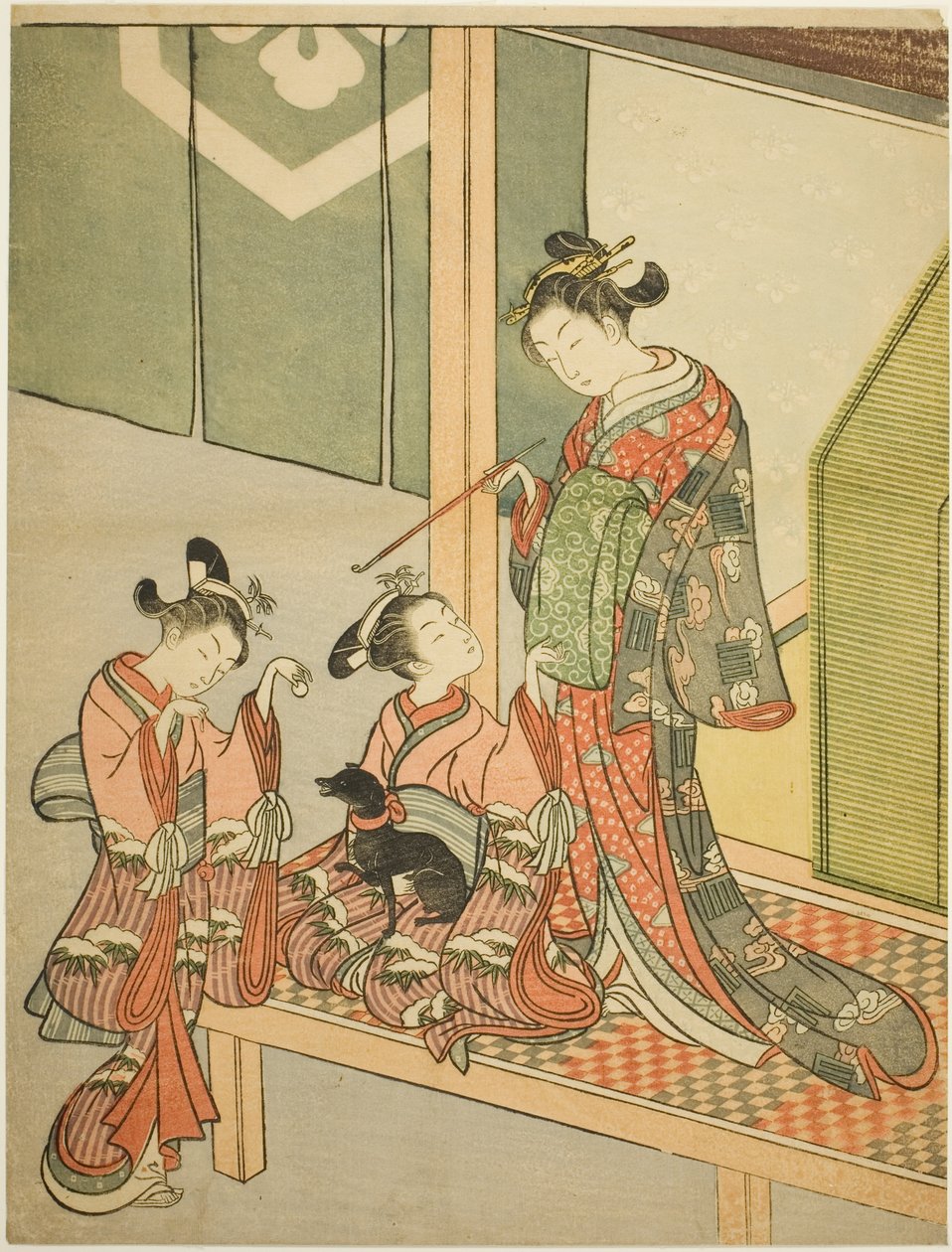Courtisane et deux servantes jouant avec un chien - Suzuki Harunobu