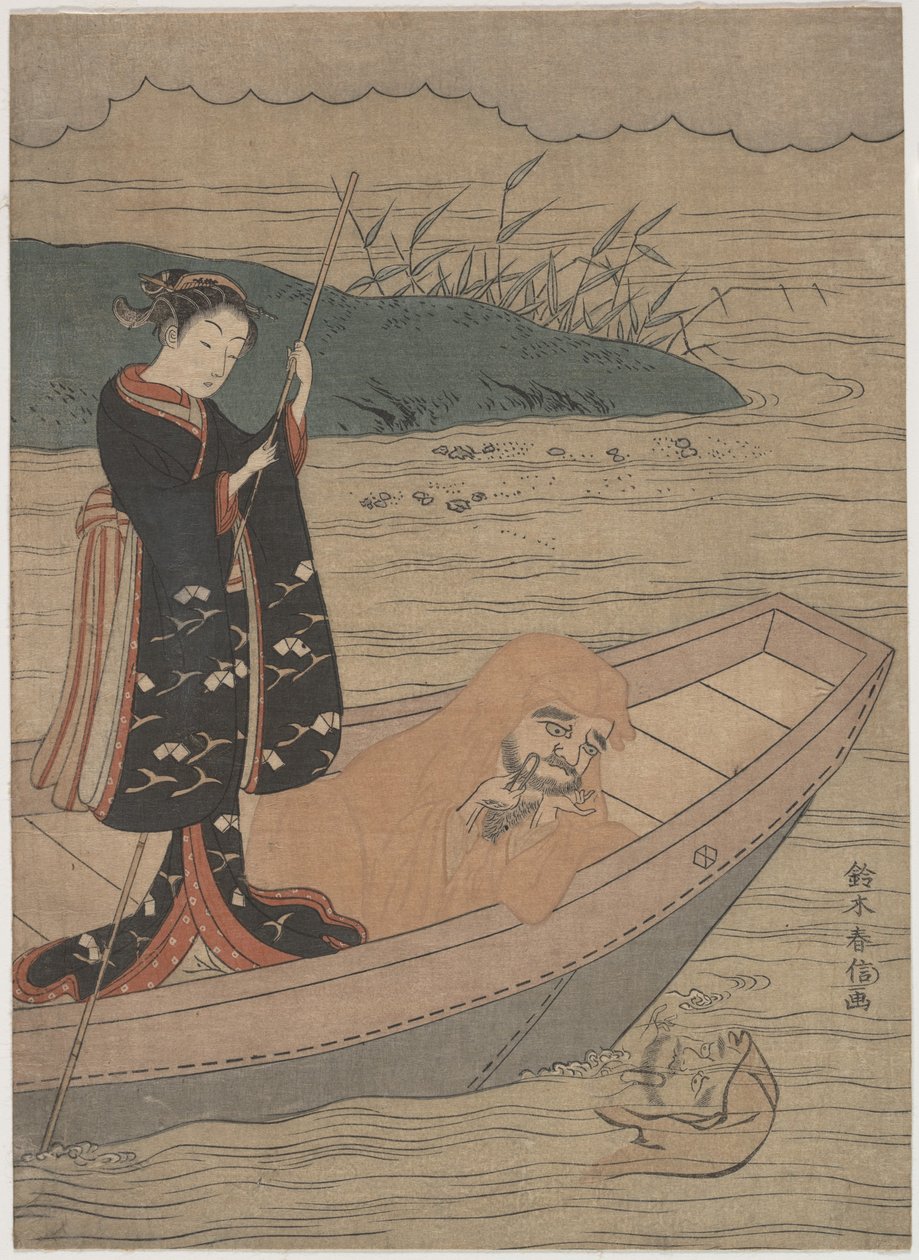 Daruma dans un bateau avec un serviteur - Suzuki Harunobu
