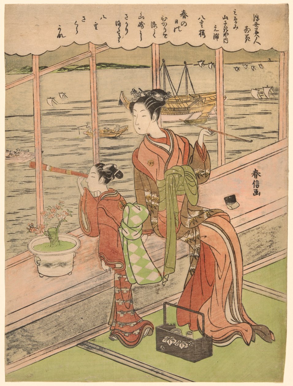 Cerisier à fleurs doubles : Motoura de la Minami Yamasakiya (Minami Yamasakiya uchi Motoura, Yaezakura), de la série "Beautés du monde flottant comparées aux fleurs (Ukiyo bijin hana ni yosu)" - Suzuki Harunobu