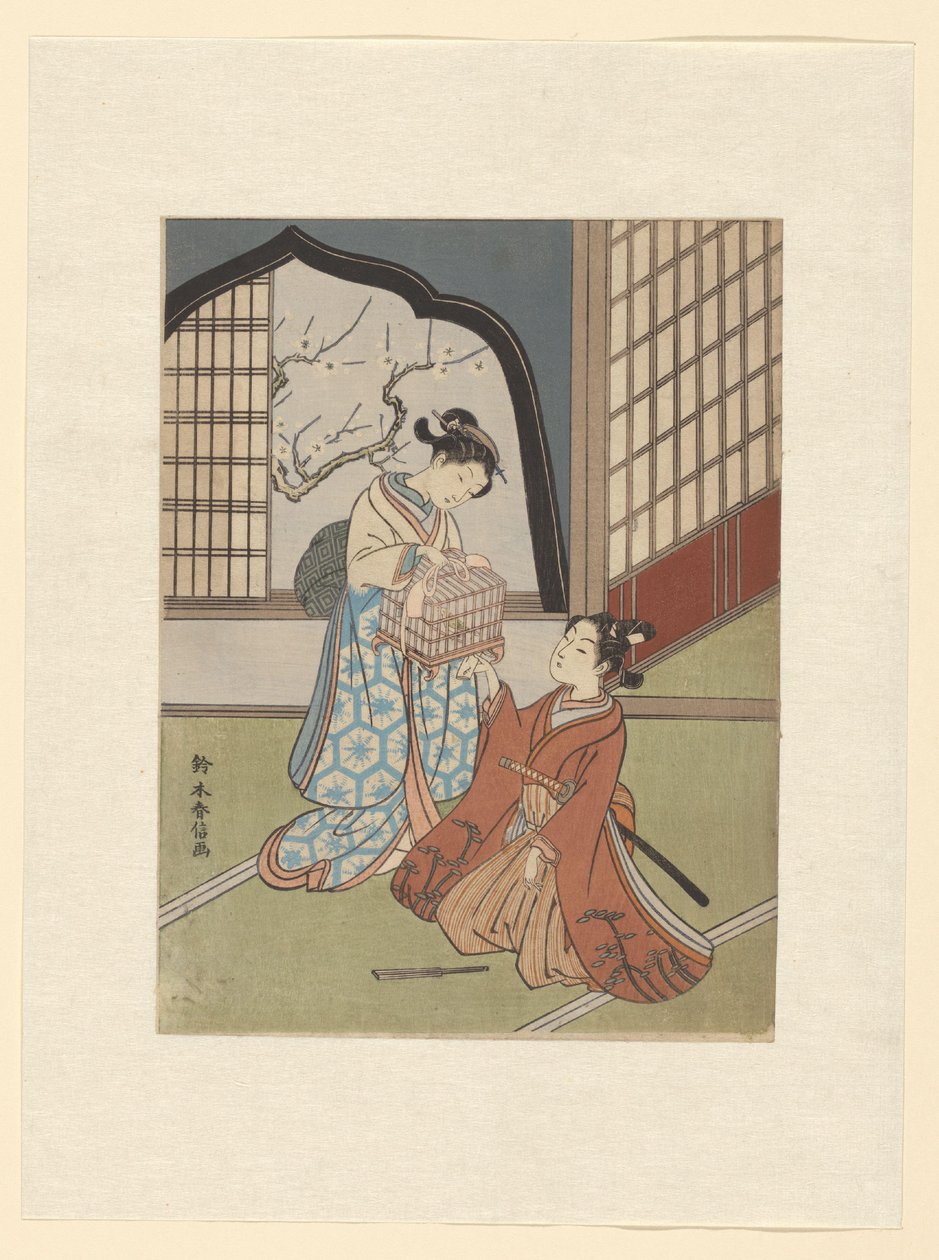 Une paire avec une cage à oiseaux - Suzuki Harunobu
