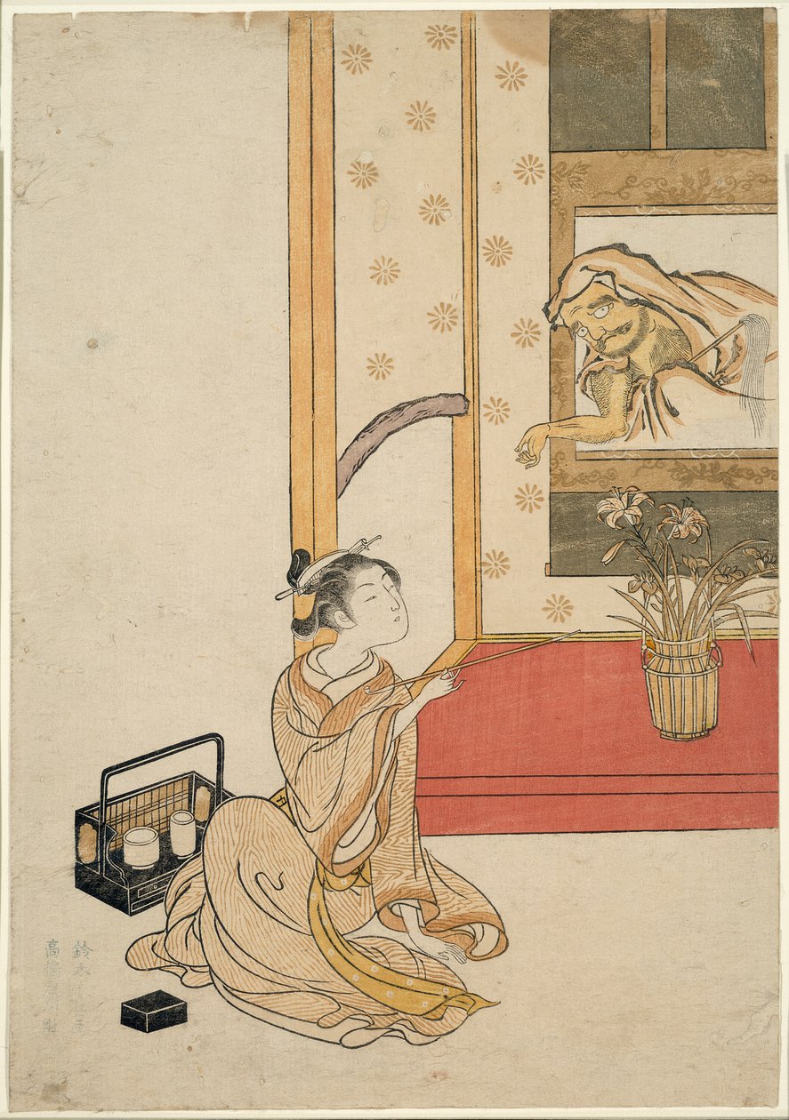 Donner une cigarette à Daruma - Suzuki Harunobu