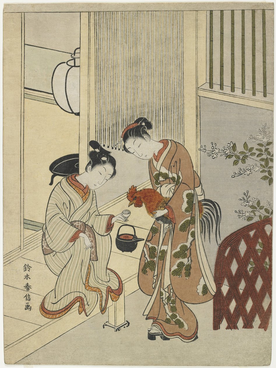 Amoureux offrant du saké à un coq, vers 1767 - Suzuki Harunobu