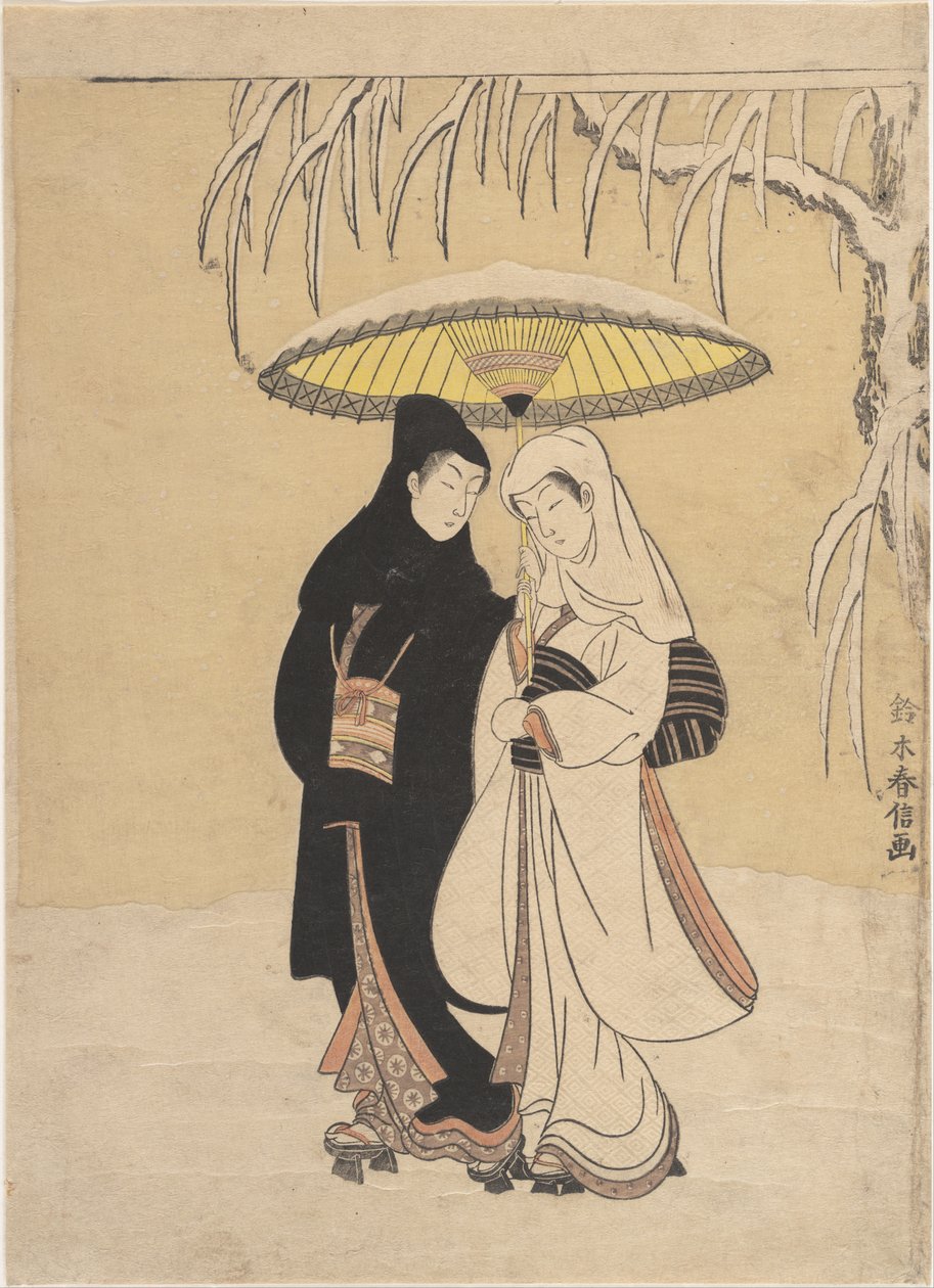Amants marchant dans la neige (corbeau et héron) - Suzuki Harunobu