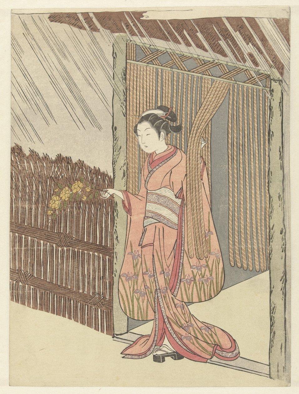 Fille avec une branche de yamabuki en main - Suzuki Harunobu