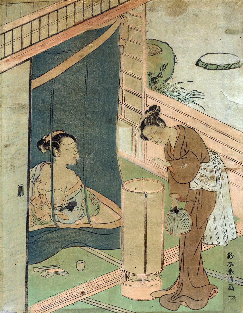 Mère et enfant derrière une moustiquaire par Harunobu Suzuki, un designer japonais d