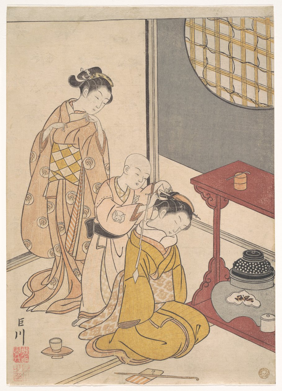 Pluie nocturne au présentoir à double étagère, de la série Huit vues de salon (Zashiki hakkei) - Suzuki Harunobu