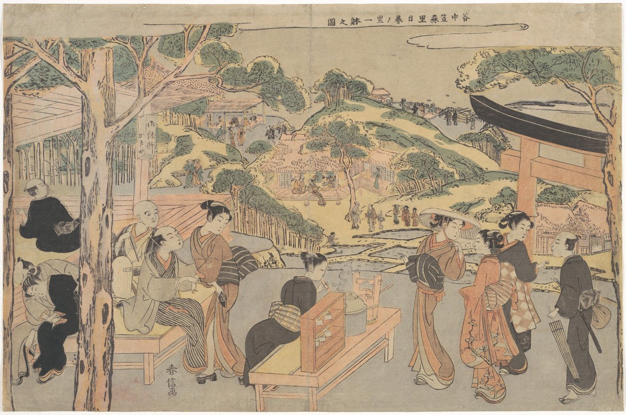 Osen de la maison de thé Kagiya au sanctuaire Kasamori avec vue sur Nippori à Yanaka - Suzuki Harunobu