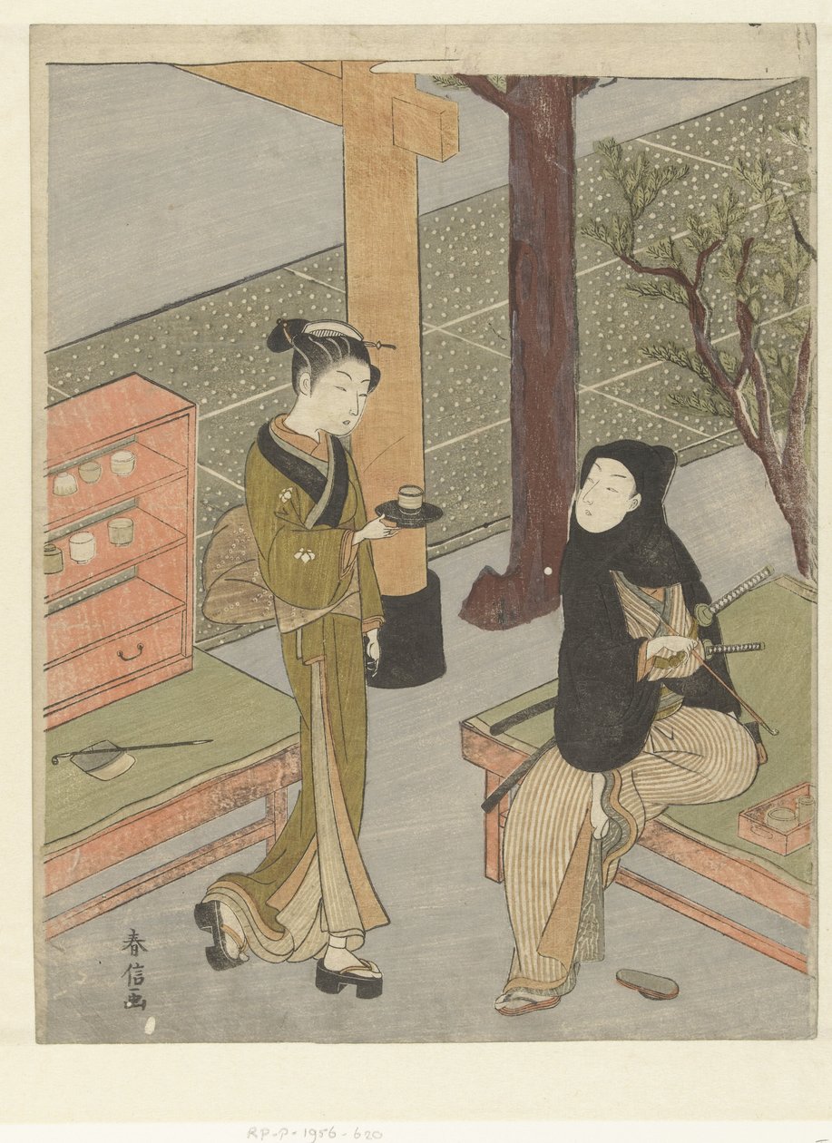 Osen servant du thé à un client de son stand de thé au sanctuaire de Kasamori - Suzuki Harunobu