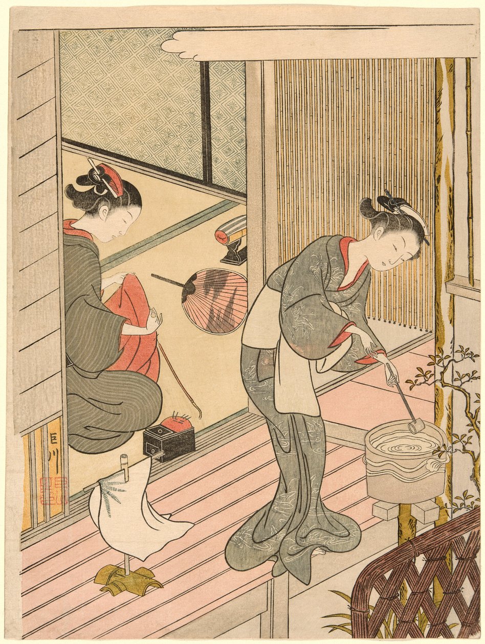 Voiles de retour du porte-serviettes (Tenugui-kake no kihan), de la série "Huit vues du salon (Zashiki hakkei)" - Suzuki Harunobu