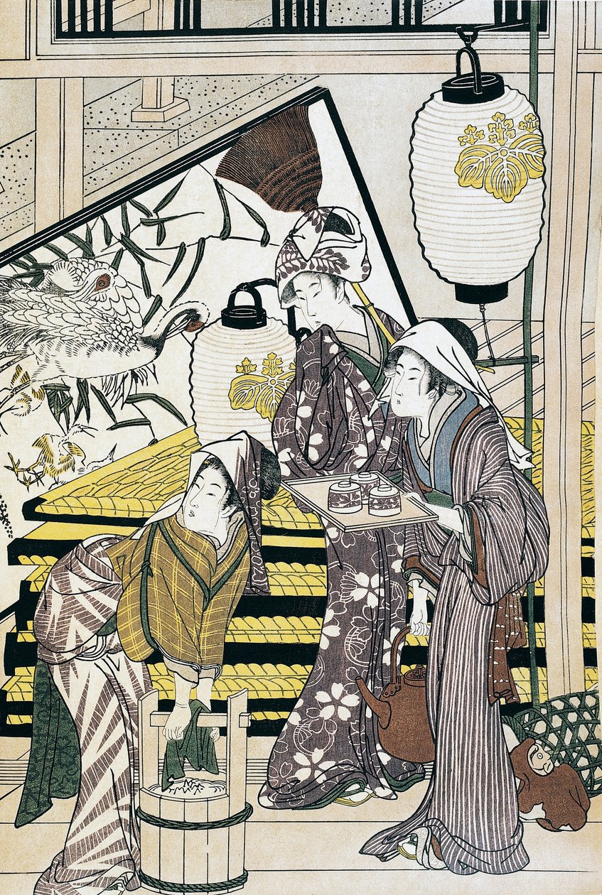 Serviteurs travaillant à la maison, estampe ukiyo-e par Suzuki Harunobu (1725-1770), gravure sur bois, civilisation japonaise, période Edo - Suzuki Harunobu