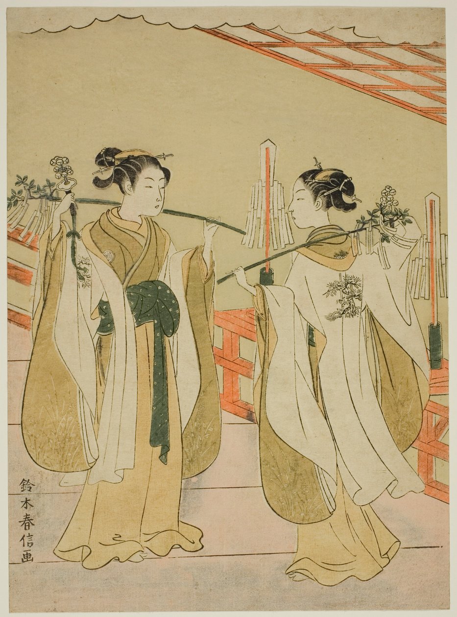 Les prêtresses Onami et Ohatsu dansant au sanctuaire Yushima Tenjin - Suzuki Harunobu