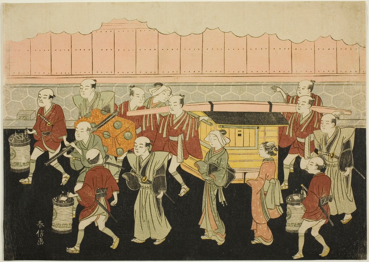 La mariée se rendant en palanquin à la maison de son mari (Koshi-iri), troisième feuille de la série "Le mariage dans les estampes de brocart, la voiture de la femme vertueuse (Konrei nishiki misao-guruma)" - Suzuki Harunobu