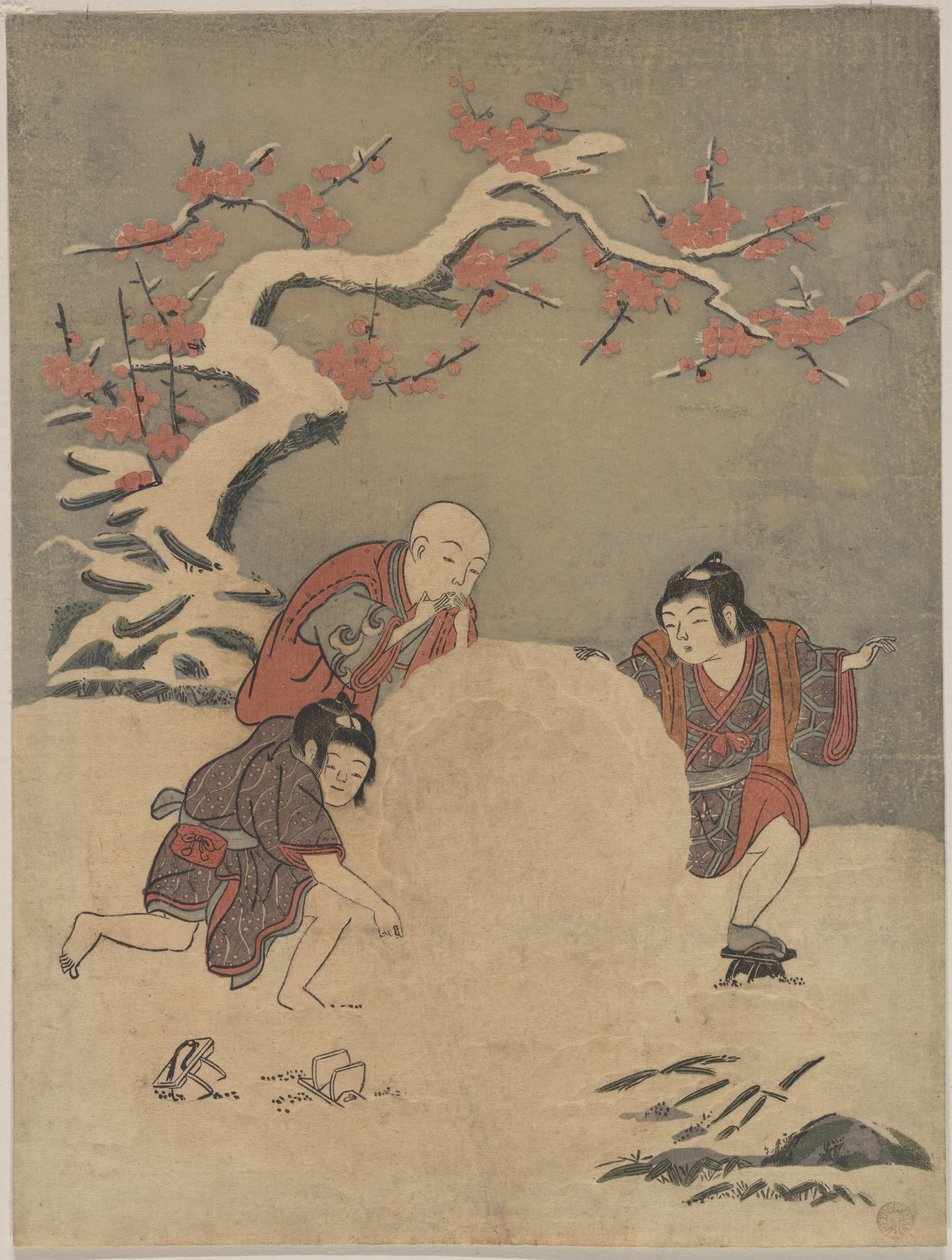 Trois garçons faisant un bonhomme de neige - Suzuki Harunobu