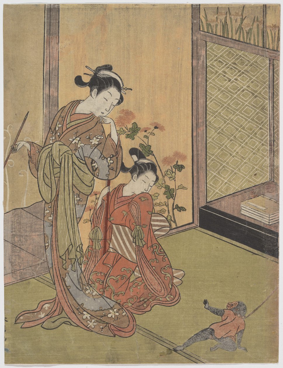 Deux jeunes filles regardant un singe en laisse - Suzuki Harunobu
