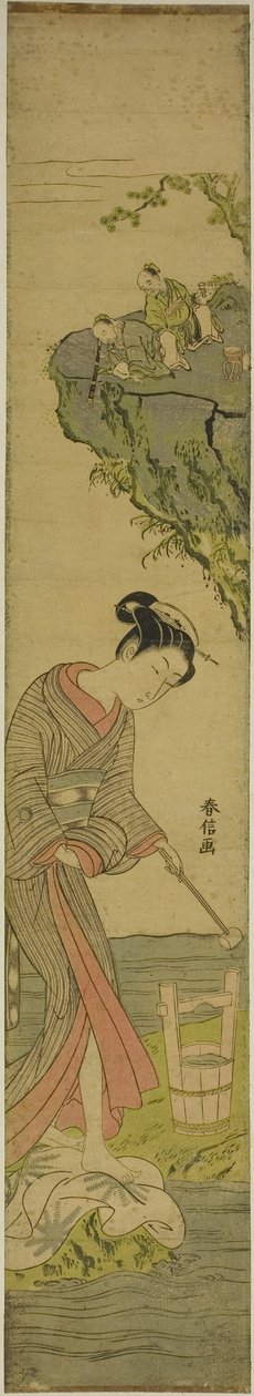 Deux sages regardant une beauté foulant du tissu (parodie de Kume Sennin) - Suzuki Harunobu