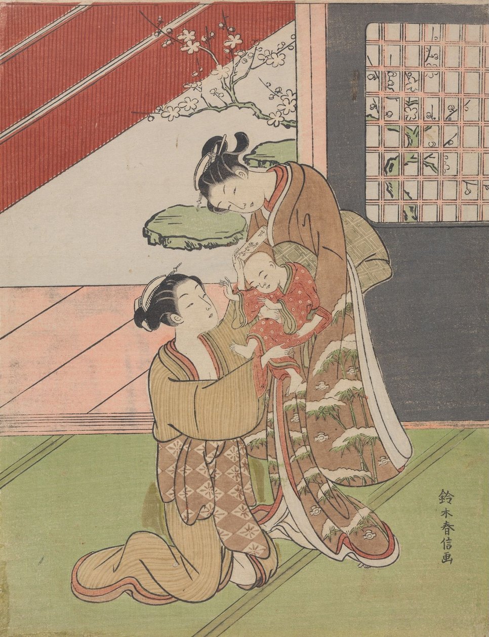 Deux femmes avec un bébé et une lettre - Suzuki Harunobu