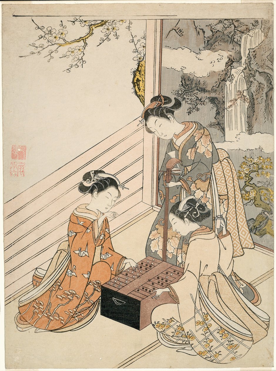 Regarder le jeu, vers 1766 (gravure sur bois en couleur ; chuban, surimono) - Suzuki Harunobu