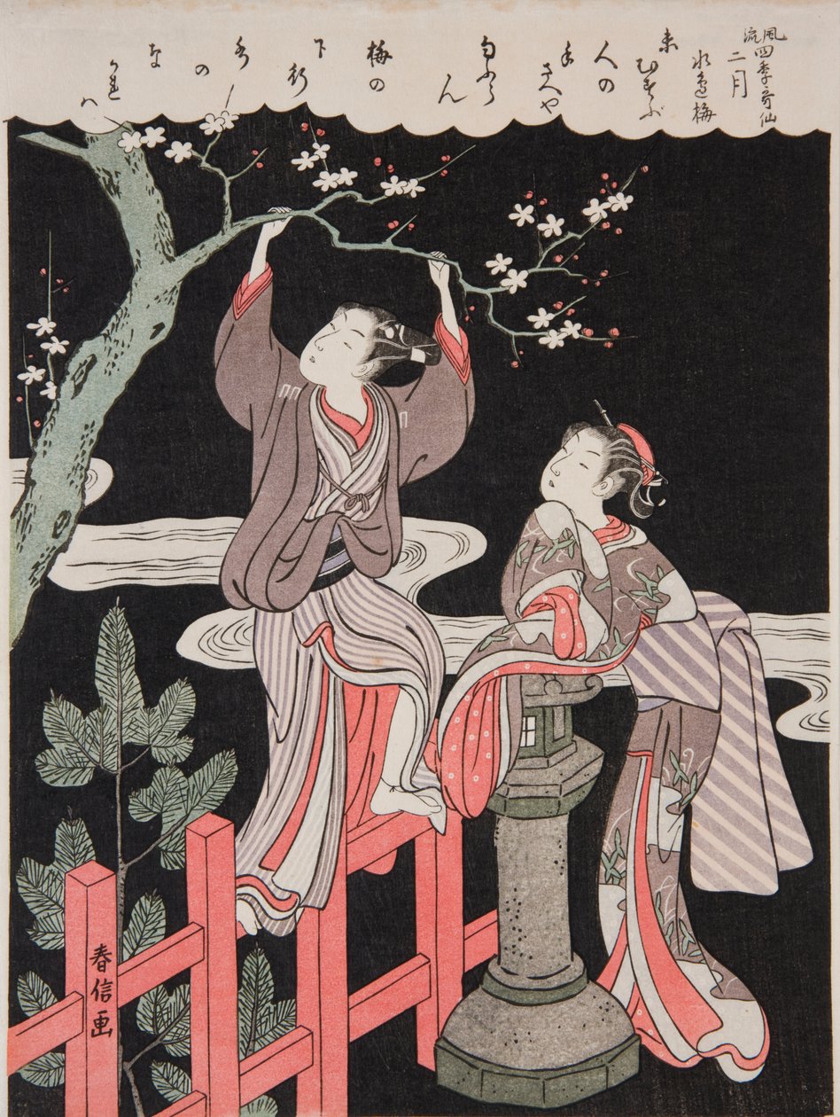 Printemps (février). Un jeune homme cueille une branche d