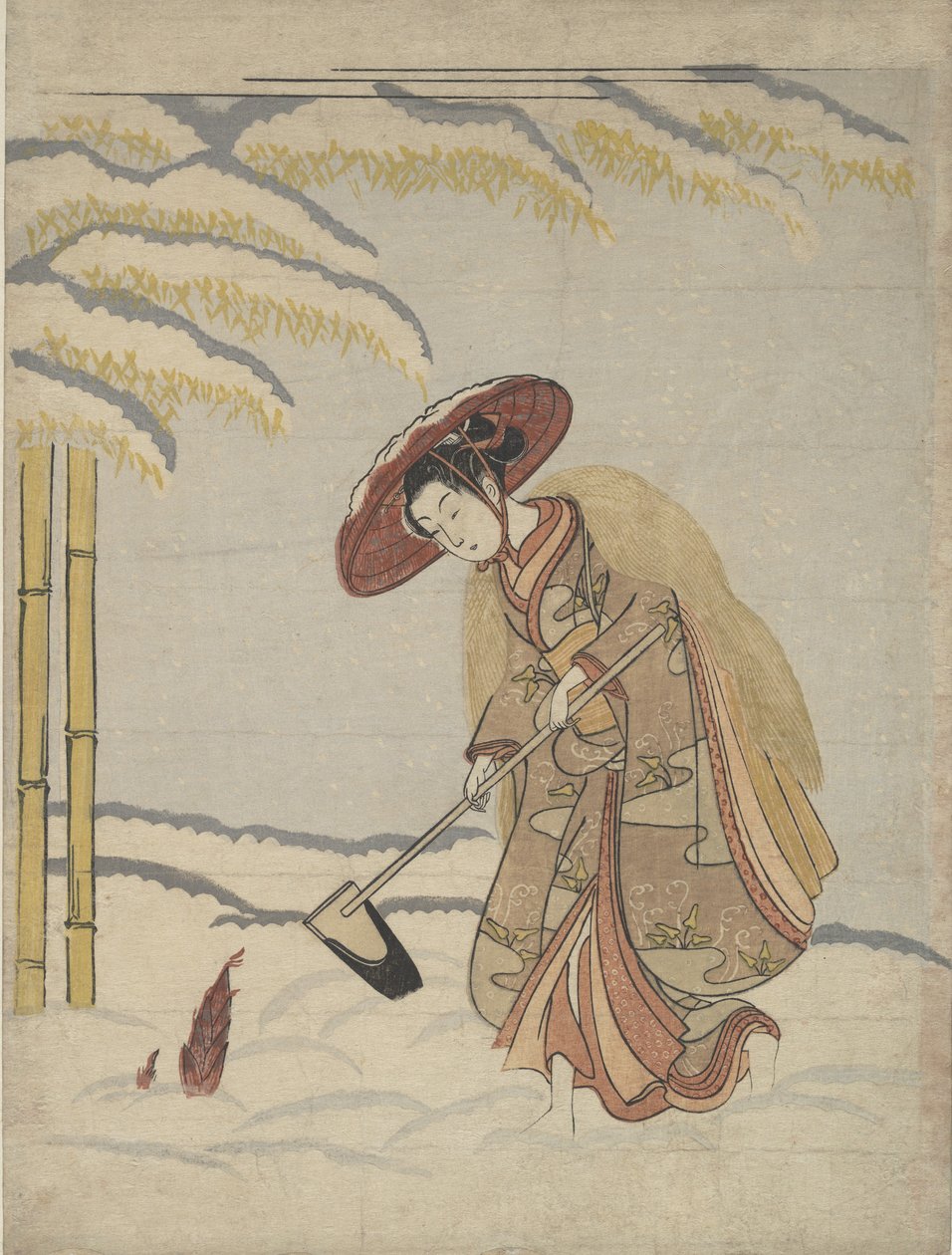 Femme creusant des pousses de bambou dans la neige, ou Parodie de Meng Zong Moso, des Vingt-Quatre..., vers 1765 - Suzuki Harunobu