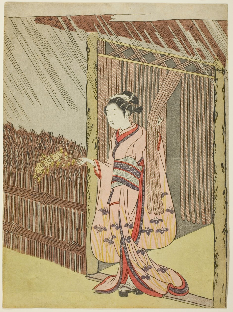 Femme tenant une branche de fleurs de Kerria sous la pluie (parodie d