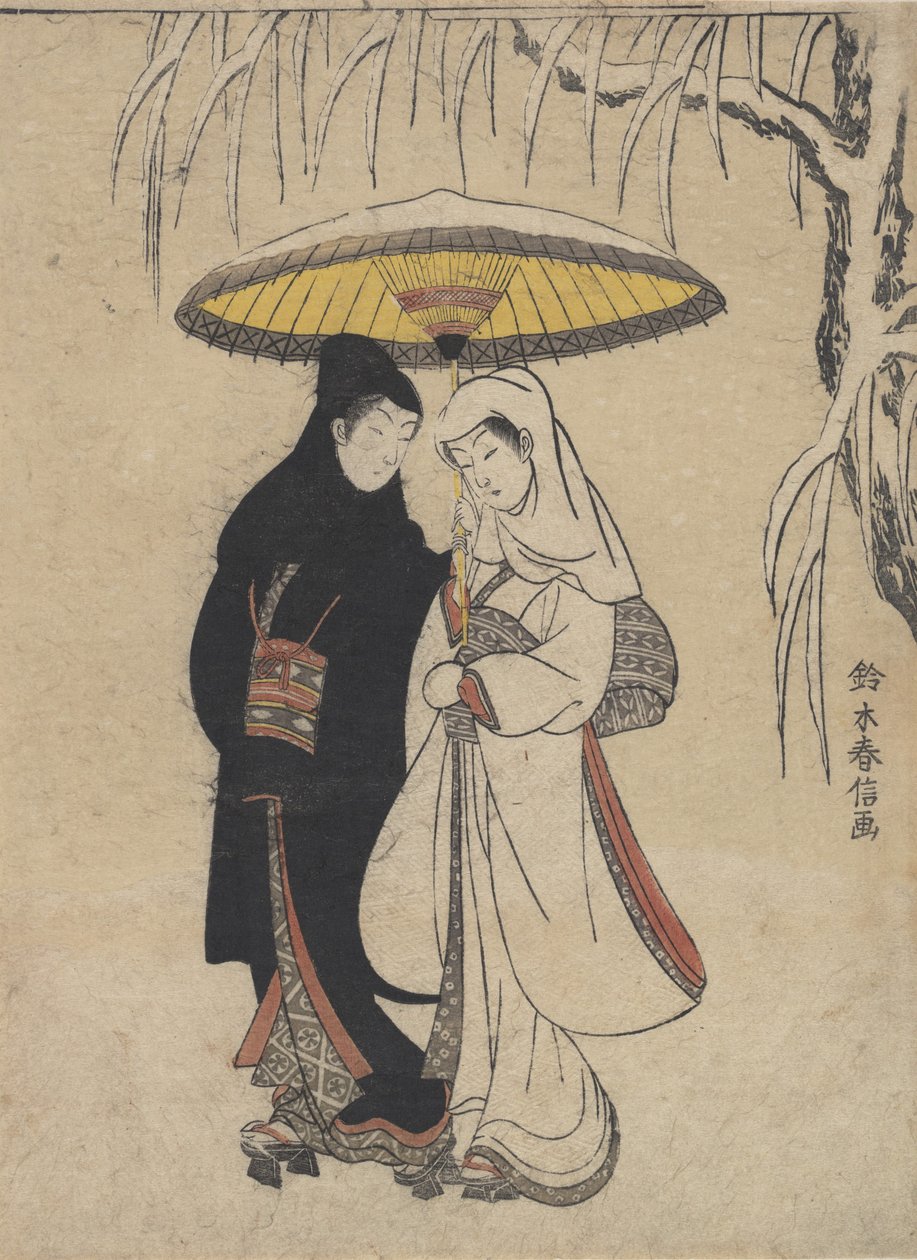 Jeunes Amoureux Marchant Ensemble sous un Parapluie dans une Tempête de Neige Corbeau et Héron, vers 1769 - Suzuki Harunobu