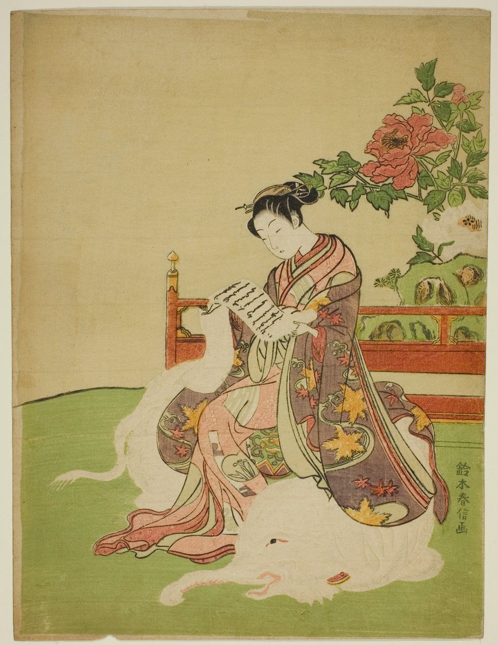 Jeune Femme Assise sur un Éléphant Blanc (parodie du Bodhisattva Fugen) - Suzuki Harunobu