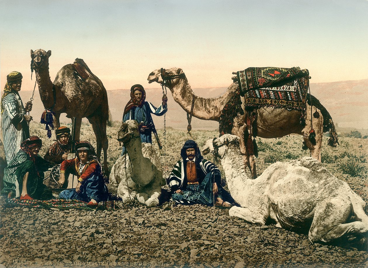 Voyageurs occidentaux déguisés en bédouins et leurs guides avec leurs chameaux dans la vallée du Jourdain - Swiss Photographer