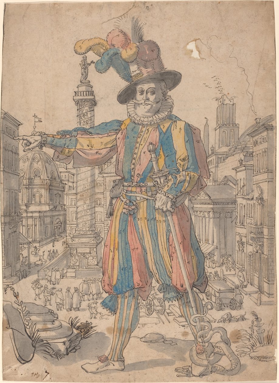 Giovanni Grosso des Gardes Suisses devant une vue de Rome - Swiss 17th Century after Francesco Villamena