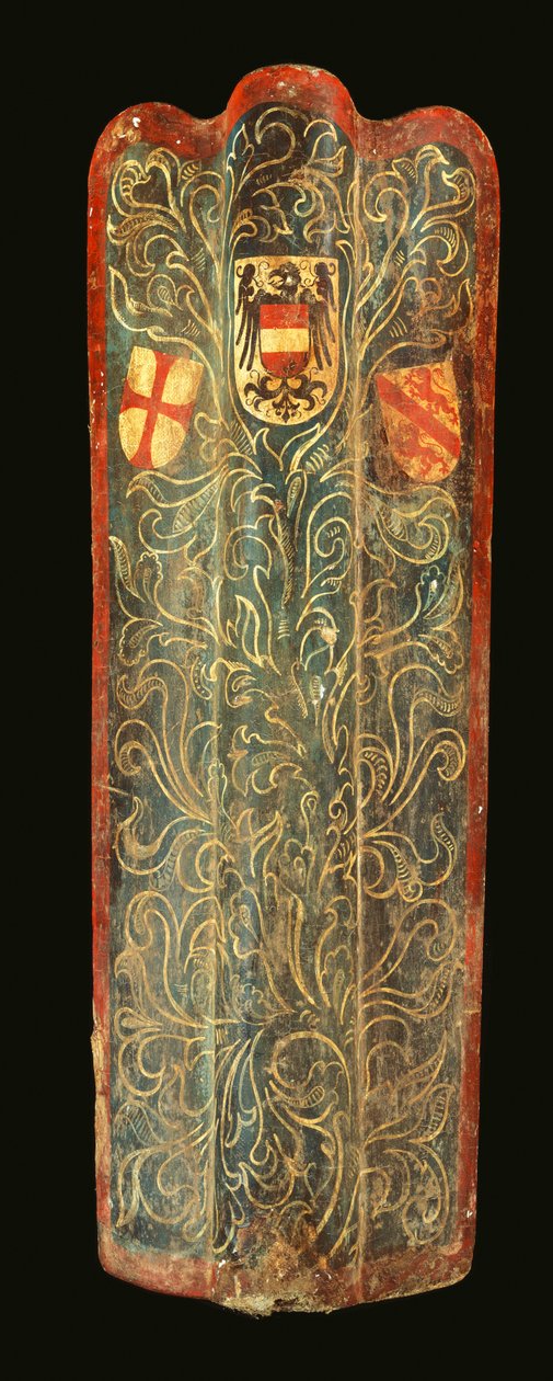 Pavise suisse rare en bois recouvert de toile peinte au gesso avec un motif de feuillage vert et les armoiries de Habsbourg, de la Ligue de Saint-Georges et de la ville de Winterthur, vers 1445 - Swiss School