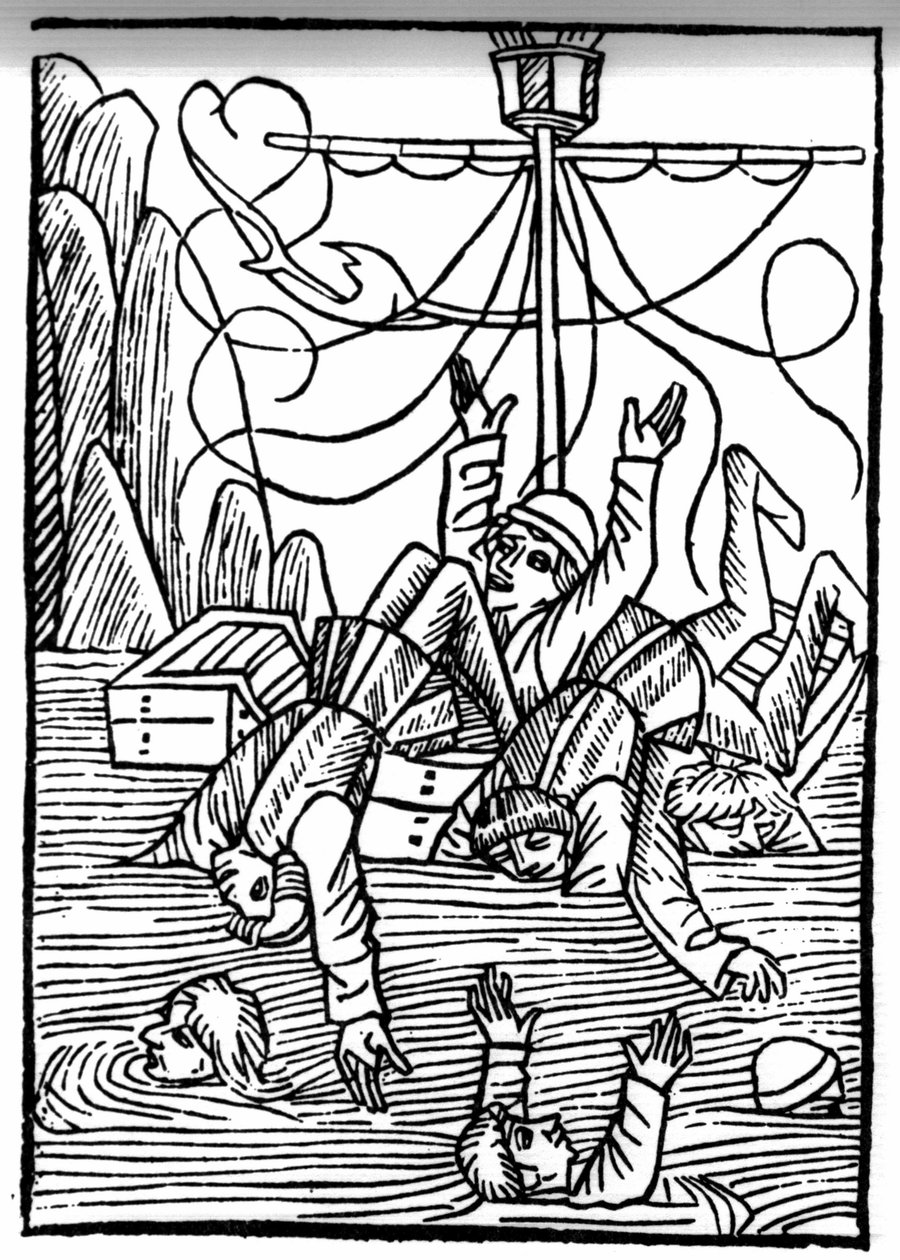 La légende de Saint Brendan (Brandan), héros et saint irlandais du VIe siècle. Les navires coulent dans la mer de Clèves. Gravure de « Die Wunderbare Meerfahrt des Hl. Brandan. » Bâle - Swiss School