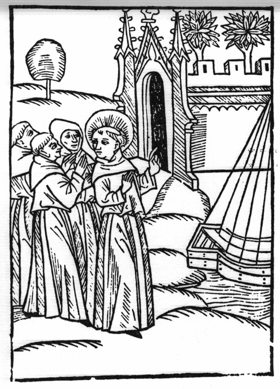 La légende de Saint Brendan, héros et saint irlandais du 6ème siècle. Les moines et Saint Brendan découvrent le Paradis Terrestre. Gravure de « Die Wunderbare Meerfahrt des Hl. Brandan » - Swiss School