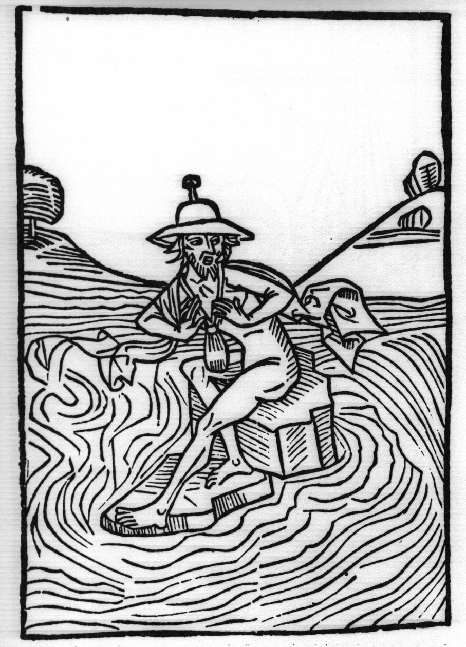 La légende de Saint Brendan, héros et saint irlandais du 6ème siècle : La rencontre avec Judas souffrant de nombreux tourments. Gravure de « Die Wunderbare Meerfahrt des Hl. Brandan » - Swiss School