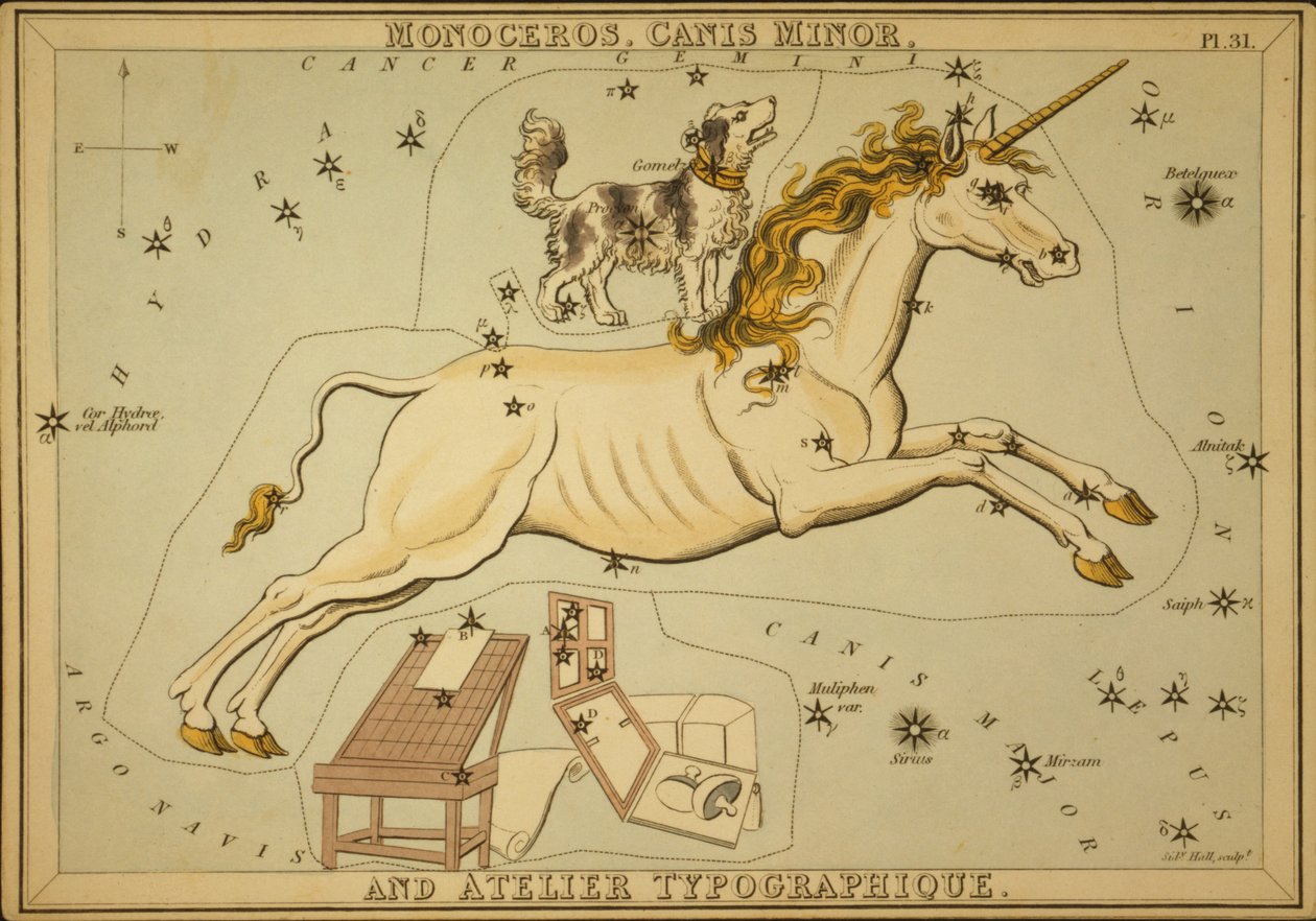 Monoceros, Canis Minor, et Atelier Typographique, Illustration de 