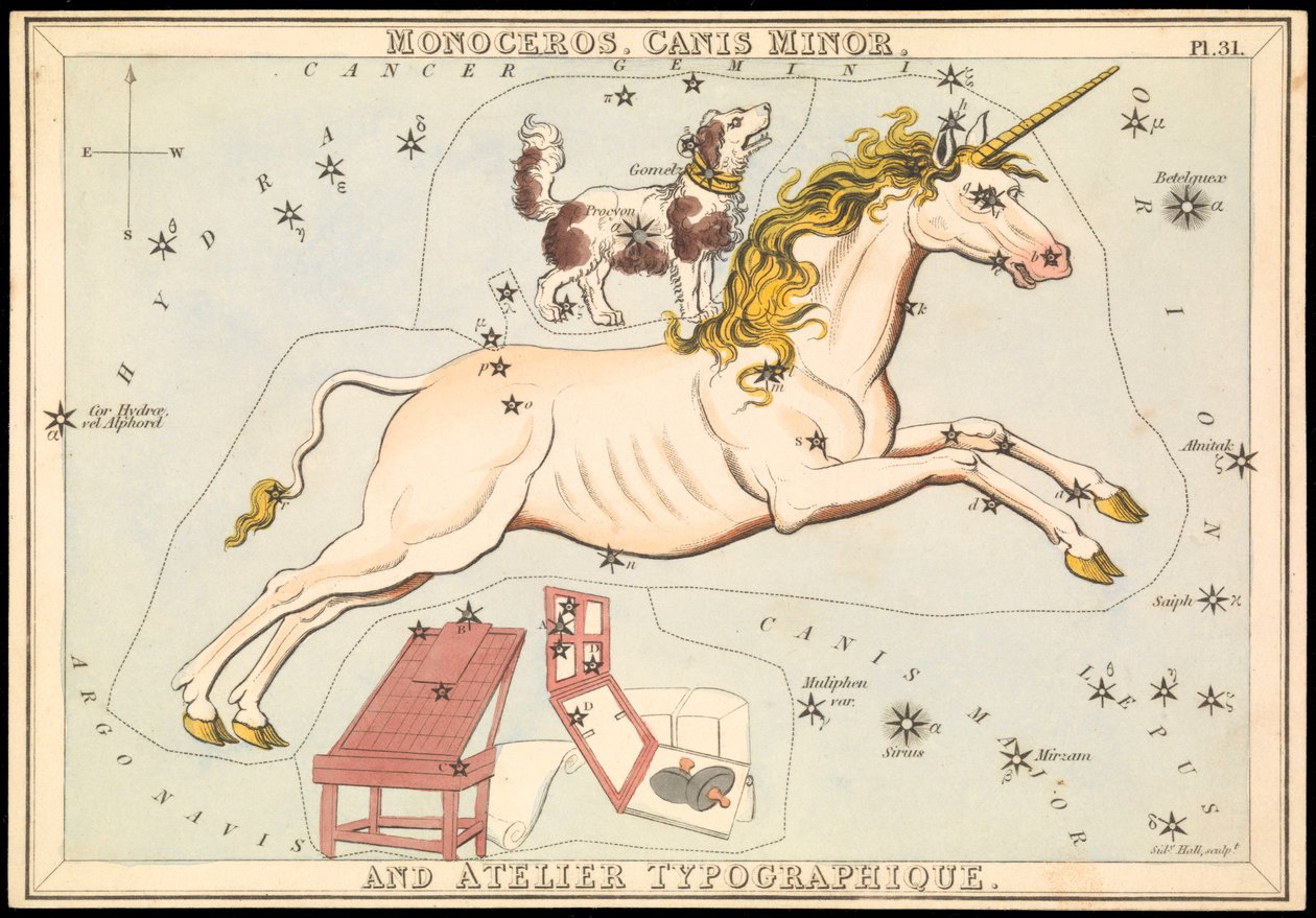 Monoceros, Canis Minor et Atelier Typographique, vers 1825 - Sydney Hall