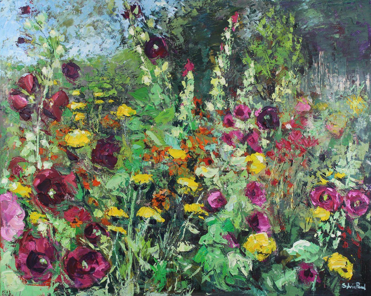 Jardin de roses trémières, 2021 (huile sur toile) - Sylvia Paul