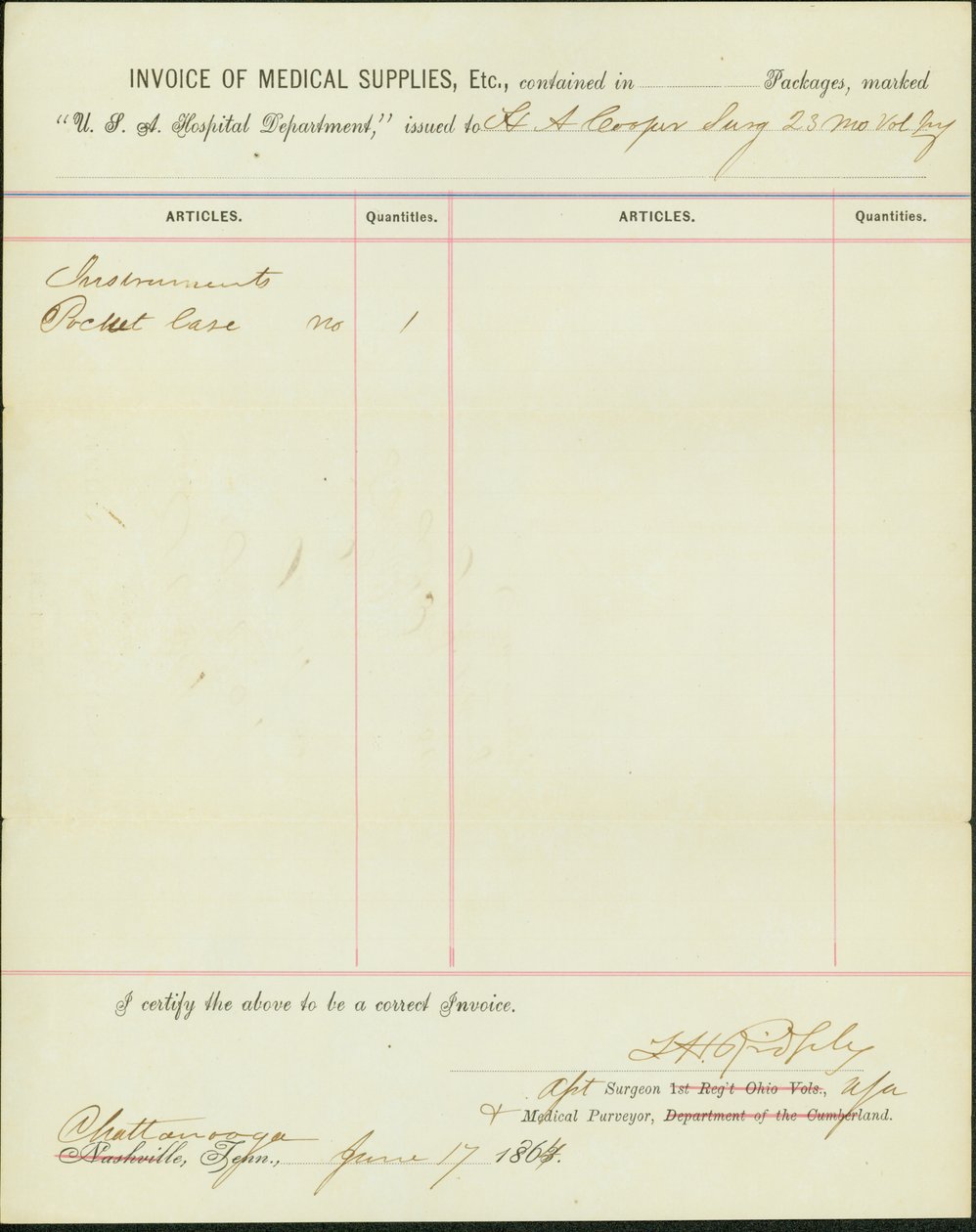 Liste des fournitures émises à H.A. Cooper, chirurgien du 23e régiment d
