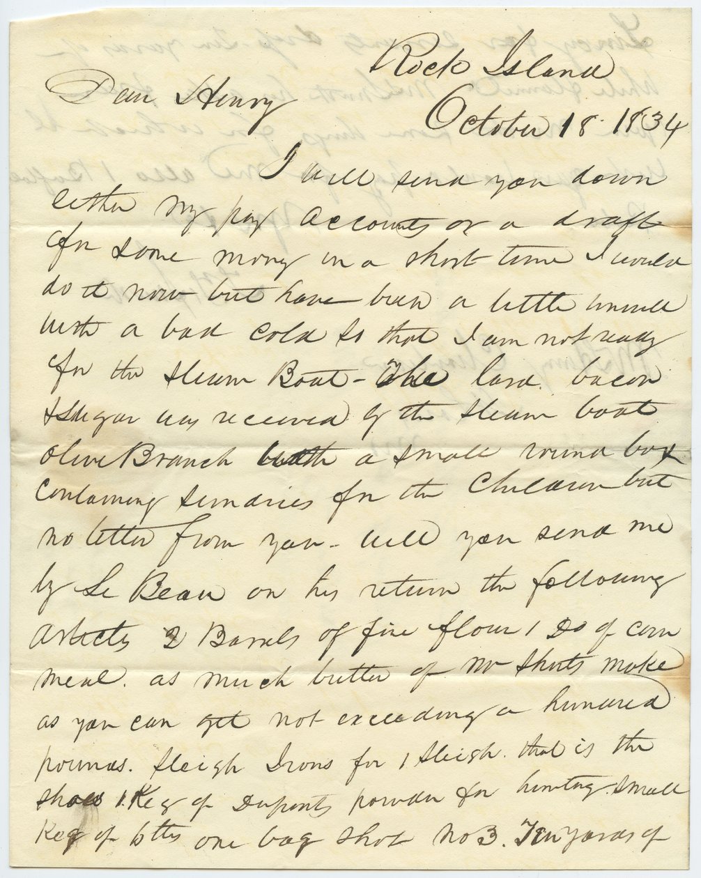 Lettre signée T.F. Smith, Rock Island, à Henry Chouteau, St. Louis, Mo., 18 octobre 1834 - T.F. Smith
