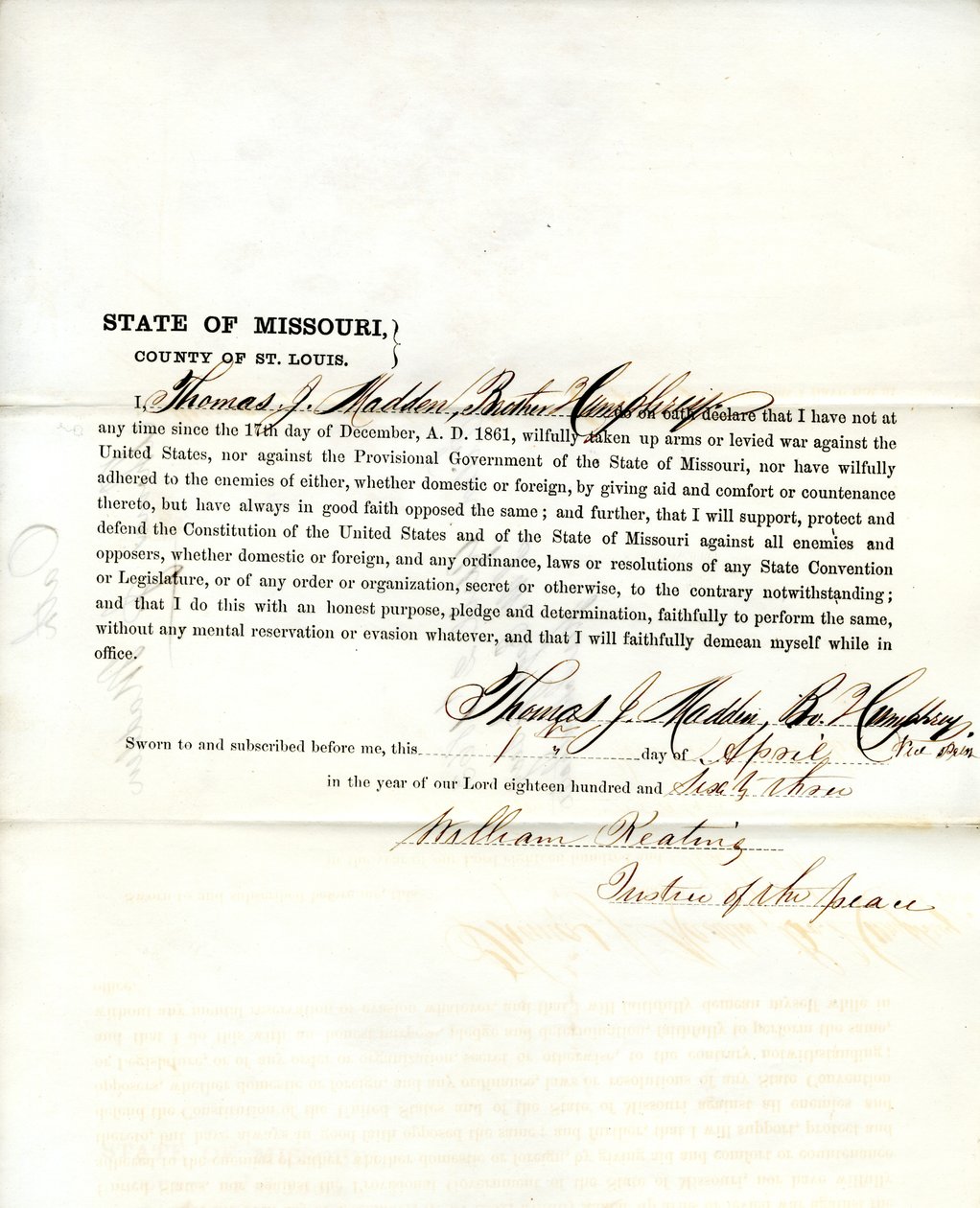 Serment de loyauté de Thomas J. Madden du Missouri, comté de St. Louis - T.J. Madden