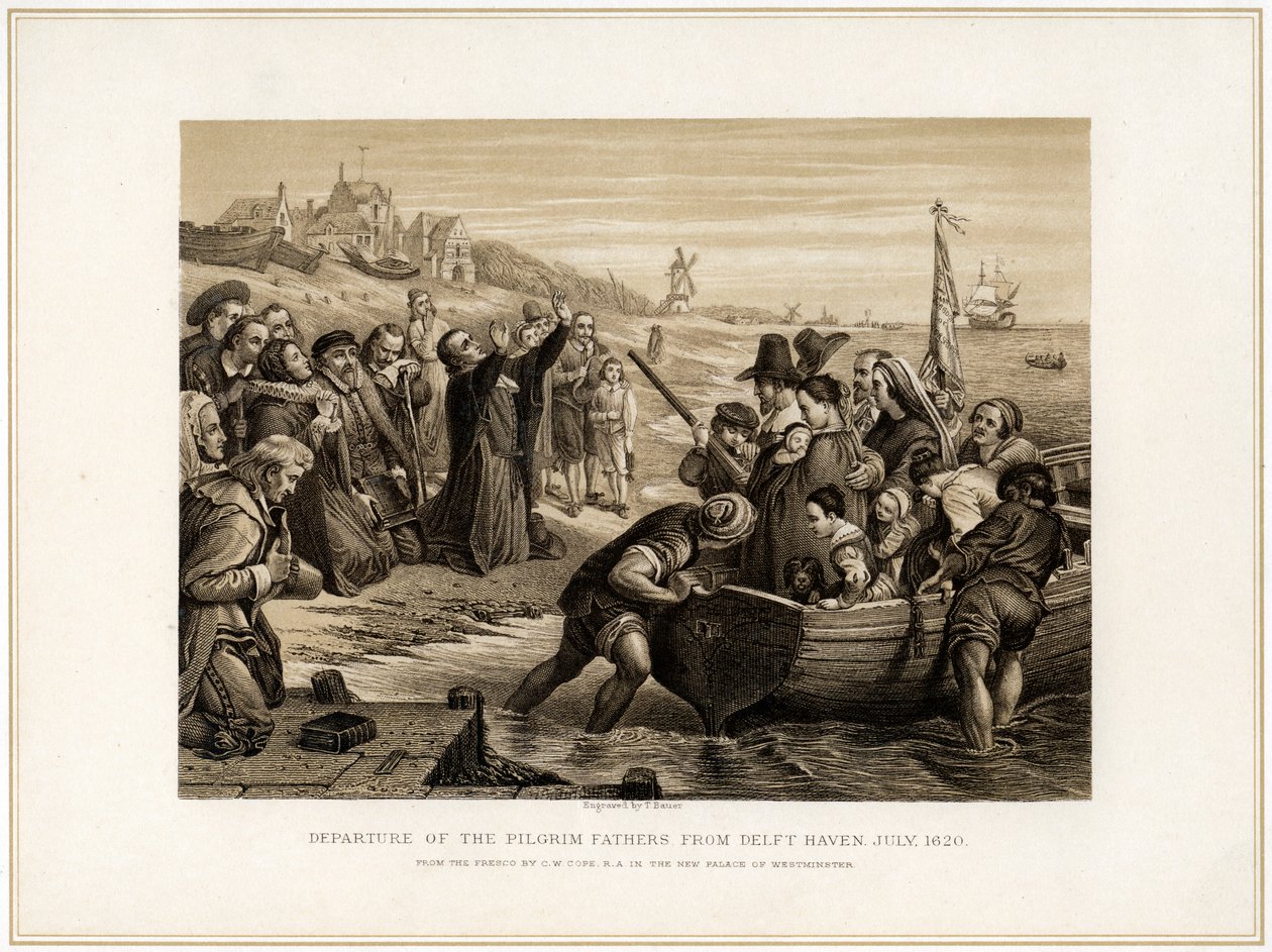 Départ des Pères Pèlerins de Delft Haven, juillet 1620, XIXe siècle - T Bauer