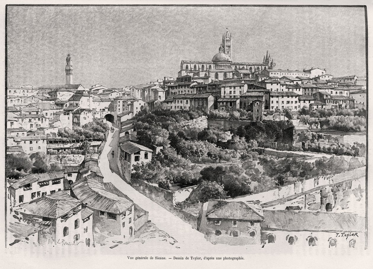 Vue générale de Sienne (Italie). Gravure de Taylor pour illustrer le récit « À travers la Toscane » par Eugène Müntz (1845-1902), dans Le Tour du Monde 1892, dirigé par Édouard Charton (1807-1891), Hachette, Paris. - T Taylor