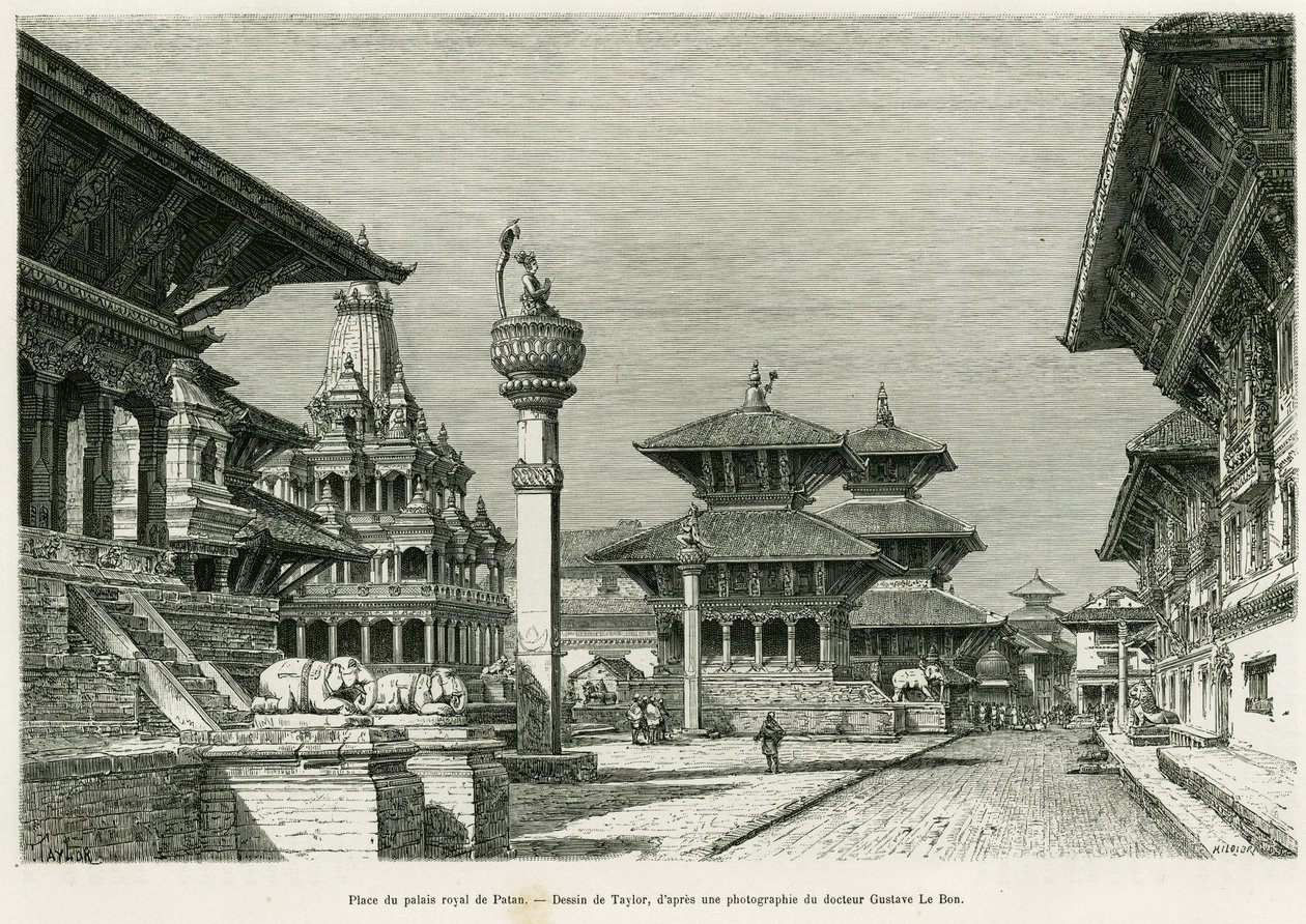 Place du Palais Royal de Patan (actuel Lalitpur). Gravure par Taylor pour illustrer l