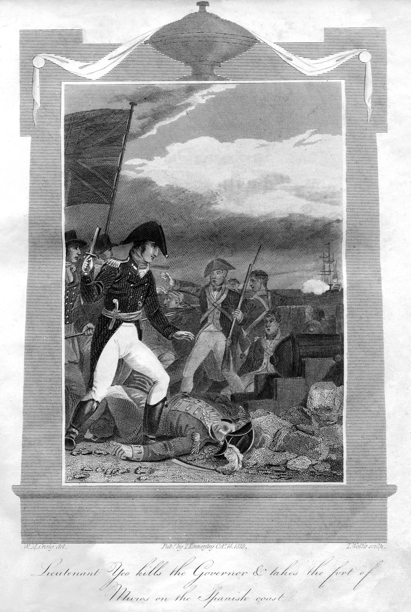 Le lieutenant Yeo tue le gouverneur et prend le fort de Muros sur la côte espagnole, 1816 - T. Wallis