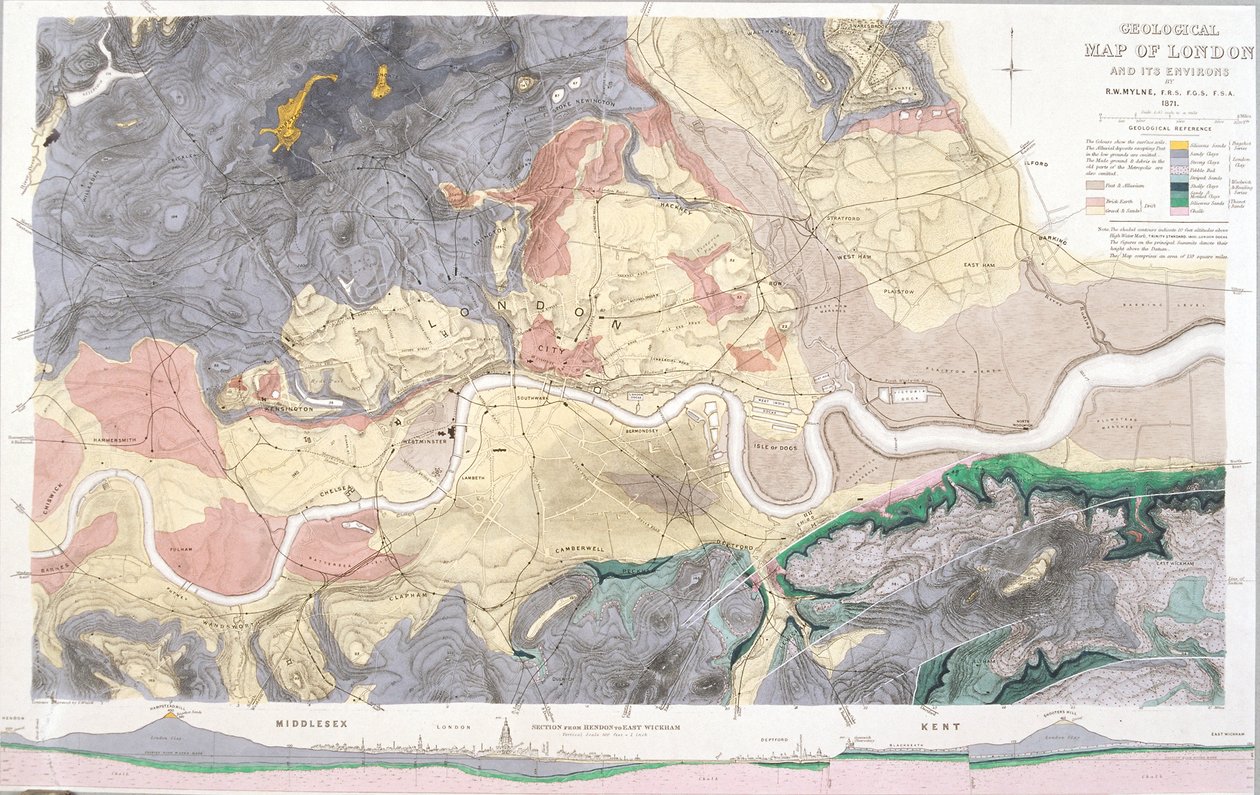Carte géologique de Londres et des environs, 1871 - T Walsh